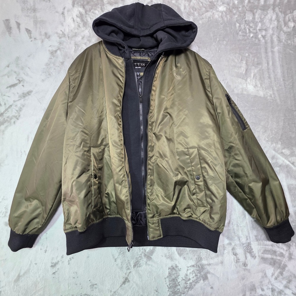 Guess Mens Olive Green Hooded Bomber Jacket Layered Bib 119RN326 XXL